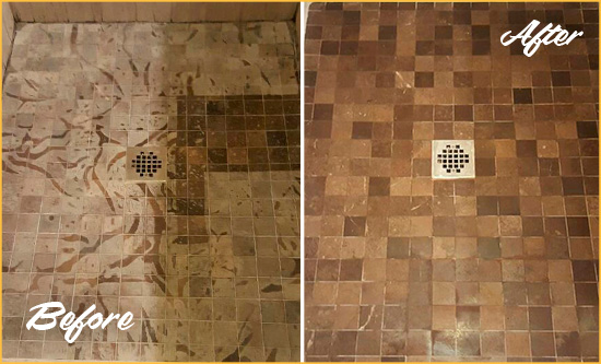 Before and After Picture of a Stained Lisbon Marble Shower Floor Cleaned to Remove Etching