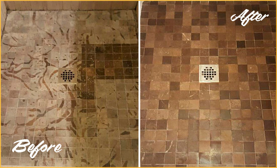 Before and After Picture of a Stained Winter Springs Marble Shower Floor Cleaned to Remove Etching