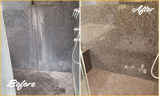 Before and After Picture of a Longwood Granite Shower Cleaned to Remove Mineral Deposits