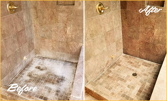 Before and After Picture of a Winter Springs Travertine Shower Cleaned to Eliminate Water Spots