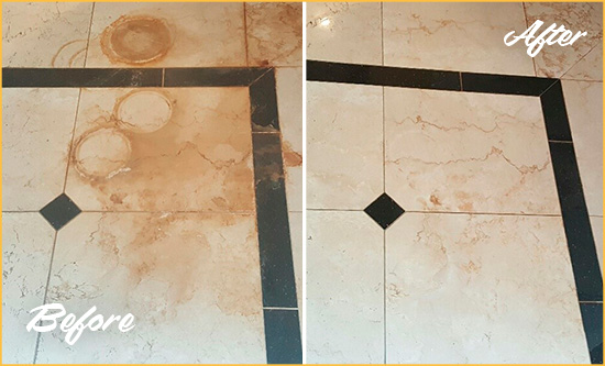 Before and After Picture of a Montverde Marble Floor Cleaned to Eliminate Rust Stains