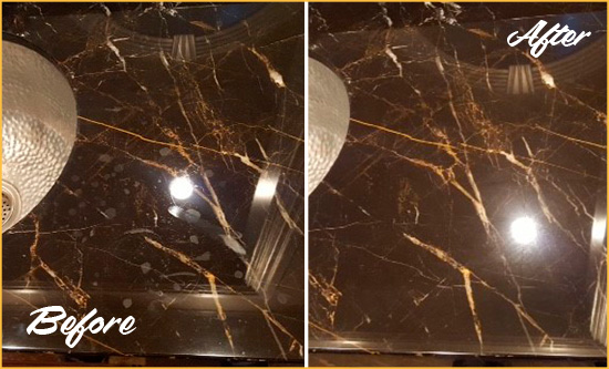 Before and After Picture of a Yalaha Marble Countertop Cleaned to Remove Water Spots