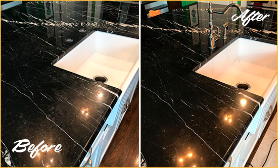 Before and After Picture of a Chuluota Marble Kitchen Countertop Stone Sealed to Avoid Water Damage