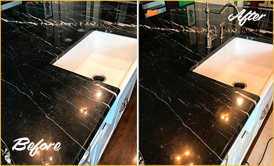 Before and After Picture of a Heathrow Marble Kitchen Countertop Stone Sealed to Avoid Water Damage