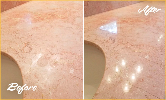 Before and After Picture of a Orange Bend Marble Stone Vanity Top Sealed to Avoid Water Marks