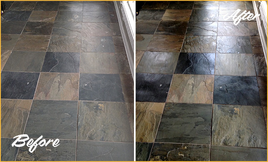 Before and After Picture of a Astor Slate Stone Floor Sealed to Eliminate Dullness