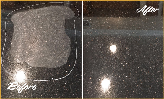 Before and After Picture of a Paisley Granite Kitchen Countertop Honed to Eliminate Scratch