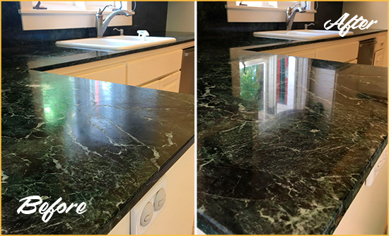 Before and After Picture of a Astor Marble Kitchen Countertop Honed to Remove Water Marks