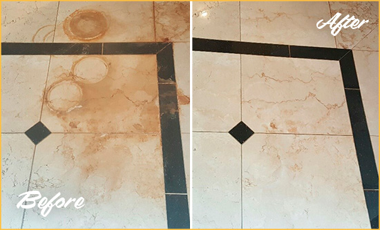 Before and After Picture of a Astor Marble Floor Honed to Remove Rust Stains