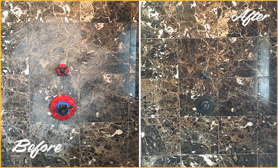 Before and After Picture of a Astor Marble Shower Honed to Remove Scratches