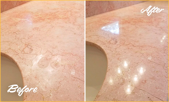 Before and After Picture of a Montverde Marble Vanity Top Honed to Eliminate Water Spots