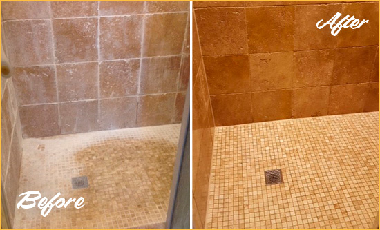 Before and After Picture of a Lake Travertine Shower Honed to Remove Mineral Deposits