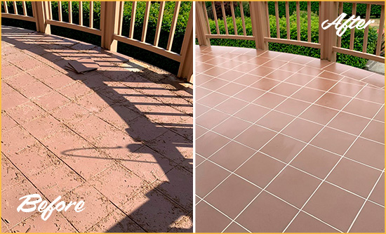 Before and After Picture of a Paisley Hard Surface Restoration Service on a Tiled Deck