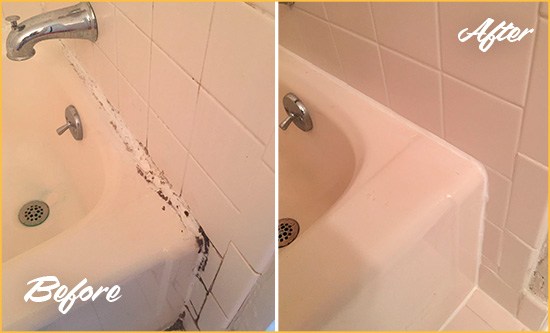 Before and After Picture of a Montverde Hard Surface Restoration Service on a Tile Shower to Repair Damaged Caulking