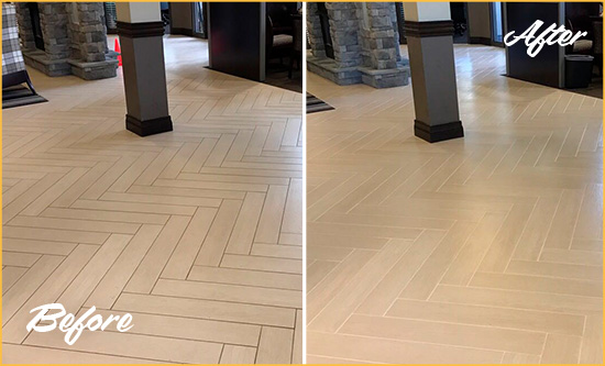 Before and After Picture of a Astor Hard Surface Restoration Service on an Office Lobby Tile Floor to Remove Embedded Dirt