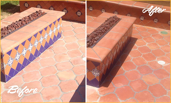 Before and After Picture of a Lisbon Hard Surface Restoration Service on a Dull Terracotta Patio Floor to Recover Its Color
