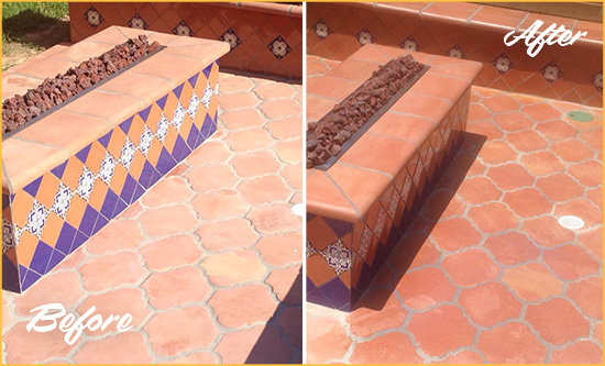 Before and After Picture of a Mascotte Hard Surface Restoration Service on a Dull Terracotta Patio Floor to Recover Its Color