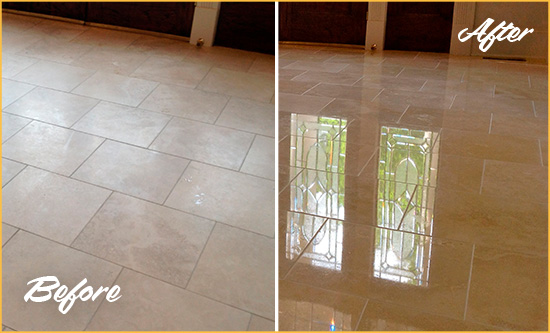 Before and After Picture of a Gram Island Hard Surface Restoration Service on a Dull Travertine Floor Polished to Recover Its Splendor
