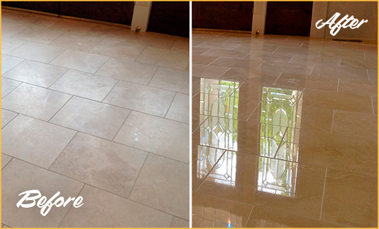 Before and After Picture of a Mascotte Hard Surface Restoration Service on a Dull Travertine Floor Polished to Recover Its Splendor