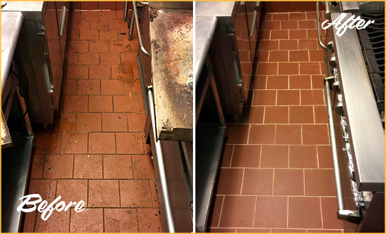 Before and After Picture of a Astor Hard Surface Restoration Service on a Restaurant Kitchen Floor to Eliminate Soil and Grease Build-Up