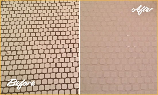 Before and After Picture of a Oviedo Hard Surface Restoration Service on a Bathroom Tile Floor Recolored to Fix Grout Color