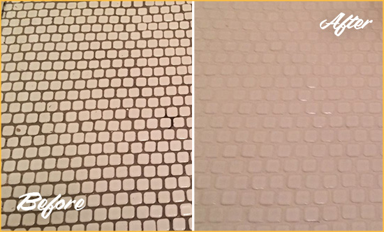 Before and After Picture of a Astor Hard Surface Restoration Service on a Bathroom Tile Floor Recolored to Fix Grout Color