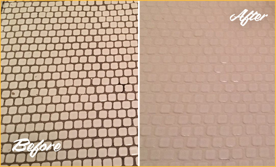 Before and After Picture of a Lake Hard Surface Restoration Service on a Bathroom Tile Floor Recolored to Fix Grout Color