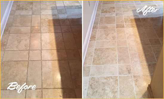 Before and After Picture of The Villages Kitchen Floor Grout Cleaned to Recover Its Color