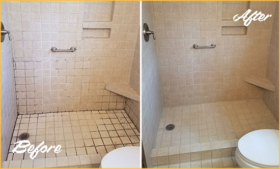 Before and After Picture of a Mount Plymouth Shower Grout Cleaned to Remove Mold