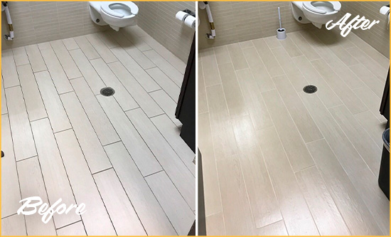 Before and After Picture of a Longwood Office Restroom's Grout Cleaned to Remove Dirt