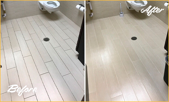 Before and After Picture of a Montverde Office Restroom's Grout Cleaned to Remove Dirt