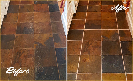 Before and After Picture of Pittman Slate Floor Grout Cleaned to Remove Dirt