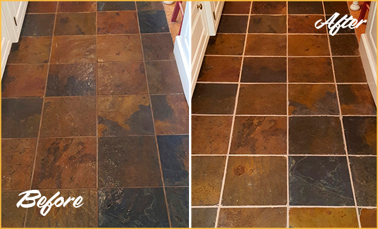 Before and After Picture of Montverde Slate Floor Grout Cleaned to Remove Dirt