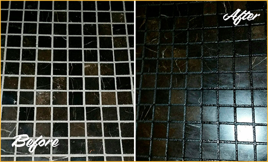 Before and After Picture of a Ferndale Black Floor with Recolored Grout