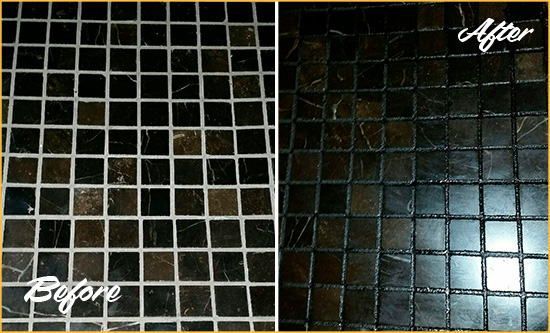 Before and After Picture of a Paisley Black Floor with Recolored Grout