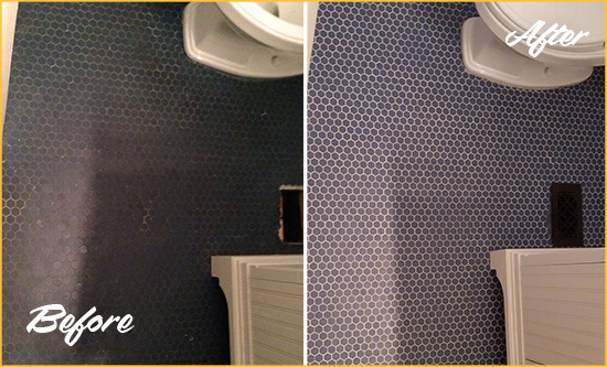 Before and After Picture of a Astor Blue Tile Floor Recolored Grout