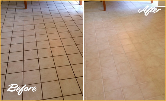 Before and After Picture of a Wekiwa Springs Kitchen Tile Floor with Recolored Grout