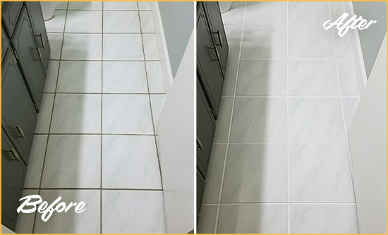 Before and After Picture of a Gram Island White Ceramic Tile with Recolored Grout