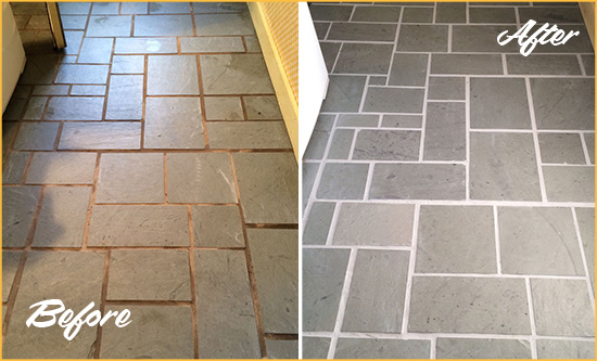 Before and After Picture of Damaged Mascotte Slate Floor with Sealed Grout