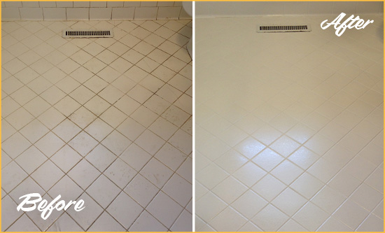 Before and After Picture of a Longwood White Bathroom Floor Grout Sealed for Extra Protection