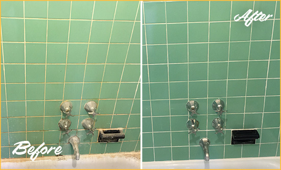 Before and After Picture of a Lisbon Bath Tub Grout Sealed to Avoid Water Damage