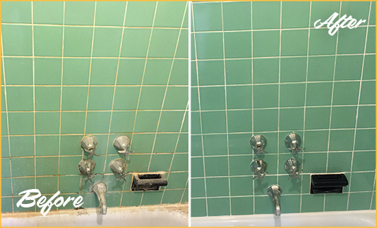 Before and After Picture of a Groveland Bath Tub Grout Sealed to Avoid Water Damage