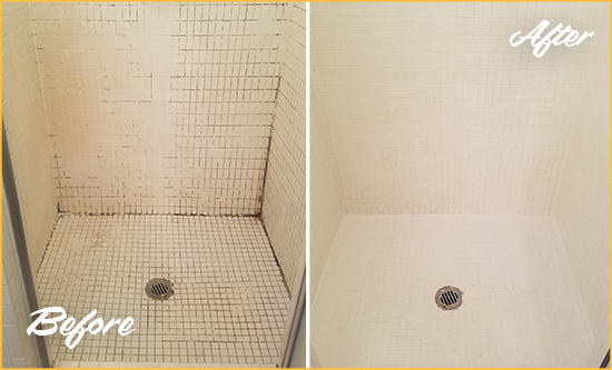 Before and After Picture of a Astatula Bathroom Grout Sealed to Remove Mold
