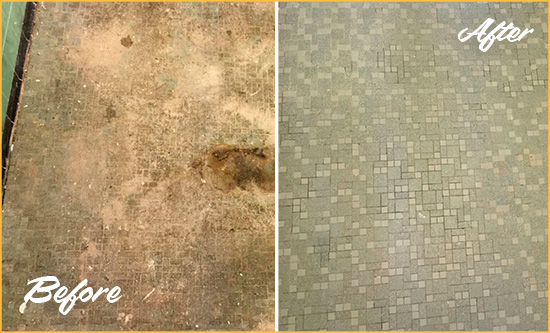 Before and After Picture of a Casselberry Mosaic Shower Cleaned to Eliminate Embedded Dirt