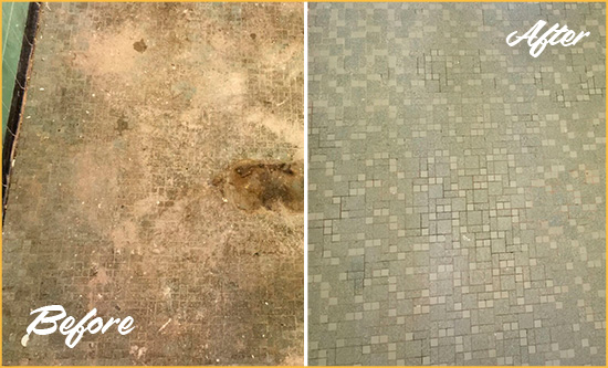 Before and After Picture of a Mascotte Mosaic Shower Cleaned to Eliminate Embedded Dirt