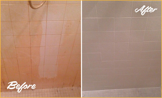 Before and After Picture of a Clermont Porcelaine Shower Cleaned to Remove Soap Scum