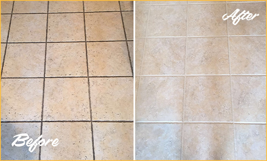 Before and After Picture of a Lisbon Ceramic Floor Cleaned to Remove Soil