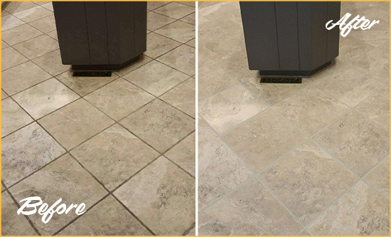Before and After Picture of a Orange Bend Kitchen Floor Cleaned to Remove Stains