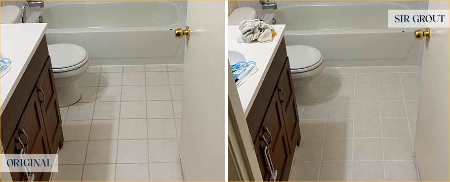 Bathroom Floor Before and After a Grout Cleaning in Mount Dora, FL 