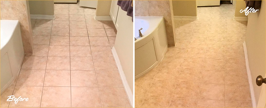 Bathroom Floor Before and After a Grout Cleaning in Mount Dora